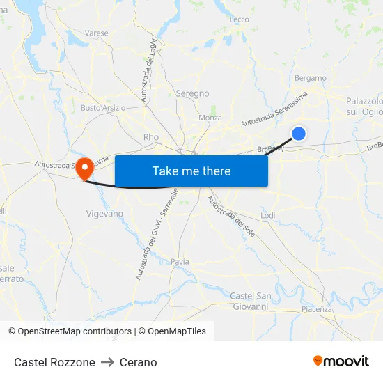 Castel Rozzone to Cerano map