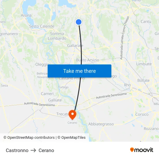 Castronno to Cerano map