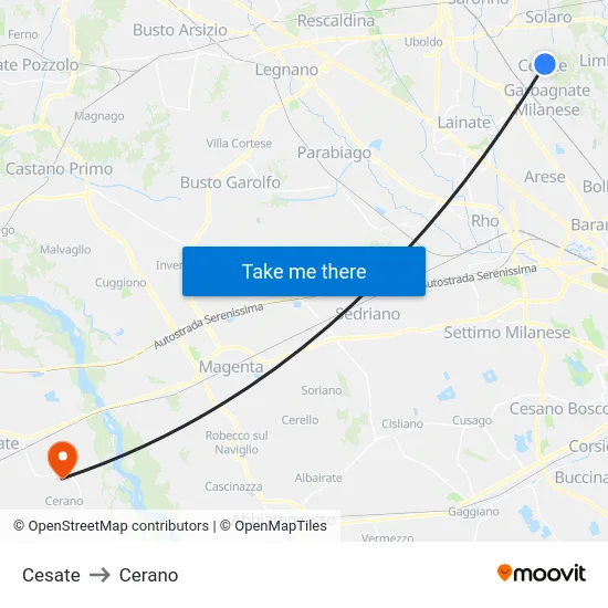 Cesate to Cerano map