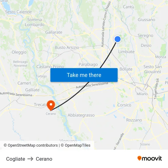 Cogliate to Cerano map