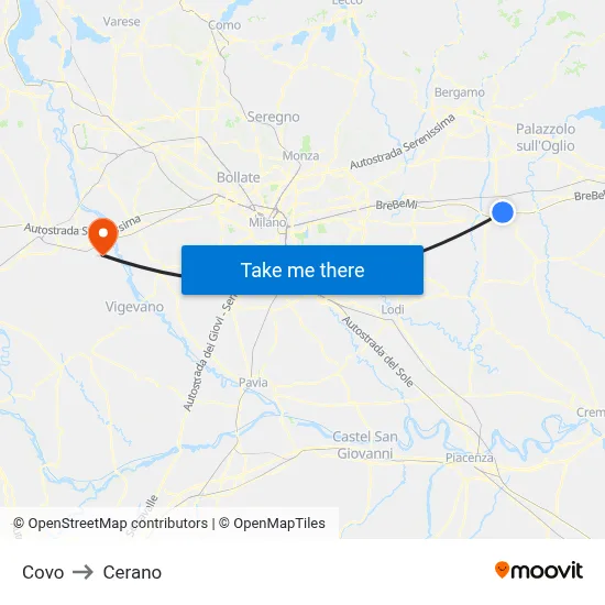 Covo to Cerano map