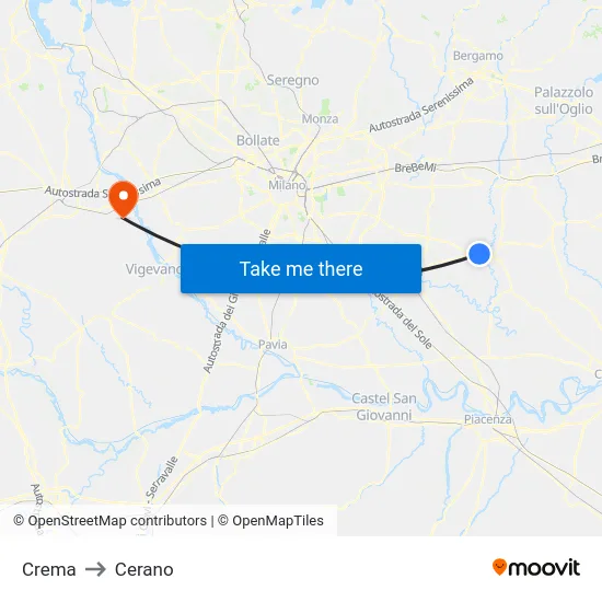 Crema to Cerano map