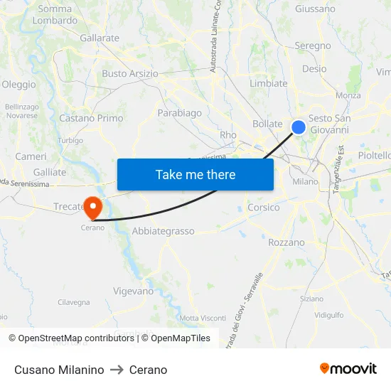 Cusano Milanino to Cerano map