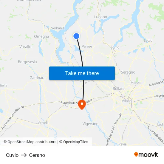 Cuvio to Cerano map