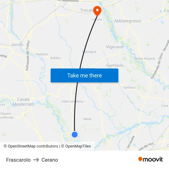 Frascarolo to Cerano map