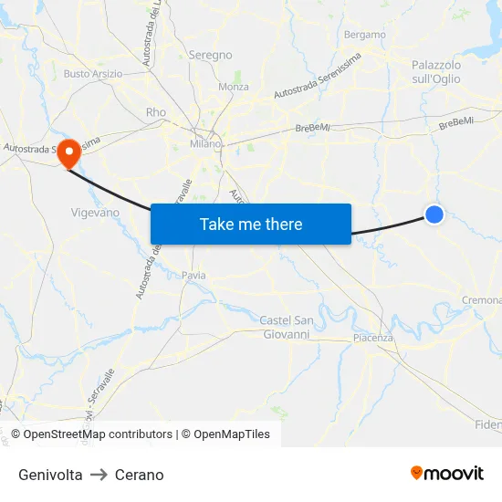 Genivolta to Cerano map