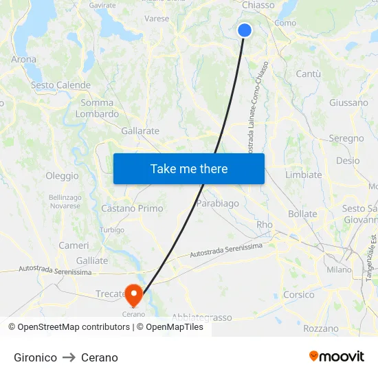 Gironico to Cerano map