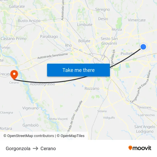 Gorgonzola to Cerano map