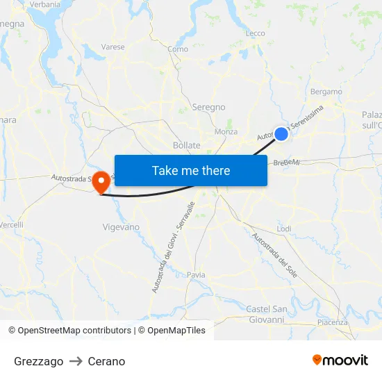Grezzago to Cerano map