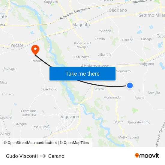 Gudo Visconti to Cerano map