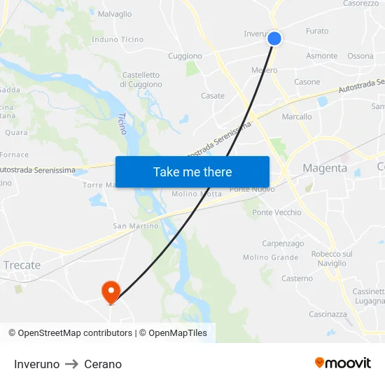 Inveruno to Cerano map