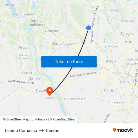 Limido Comasco to Cerano map