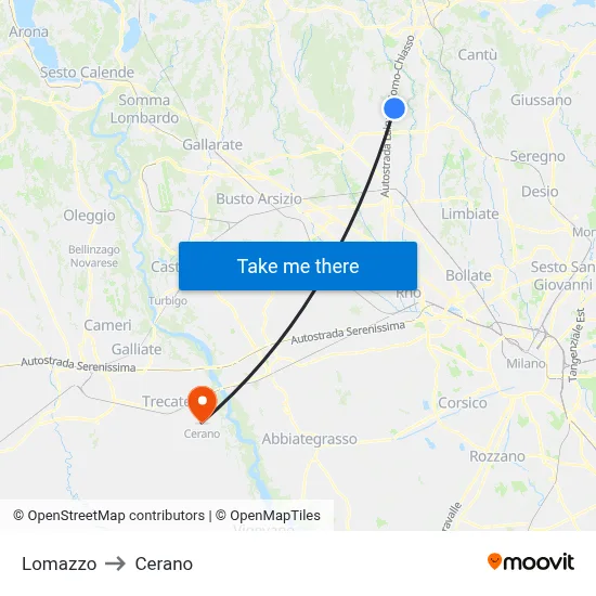 Lomazzo to Cerano map