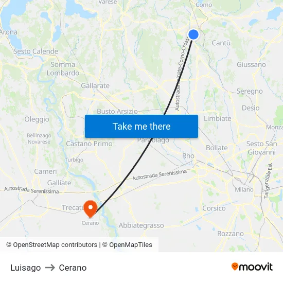 Luisago to Cerano map