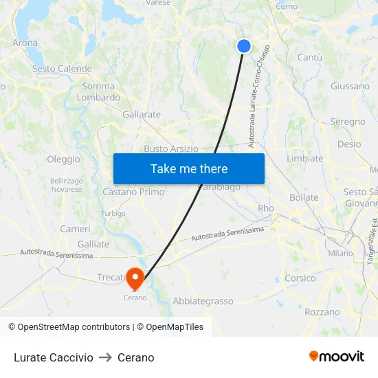 Lurate Caccivio to Cerano map