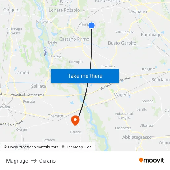 Magnago to Cerano map