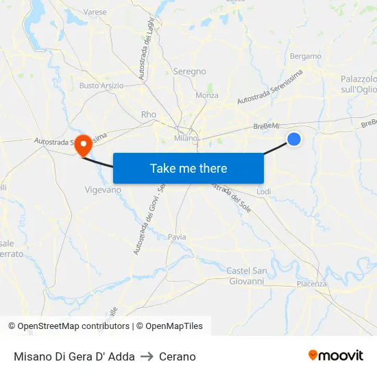 Misano di Gera d'Adda to Cerano map