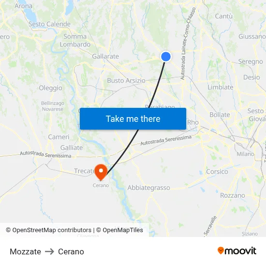 Mozzate to Cerano map