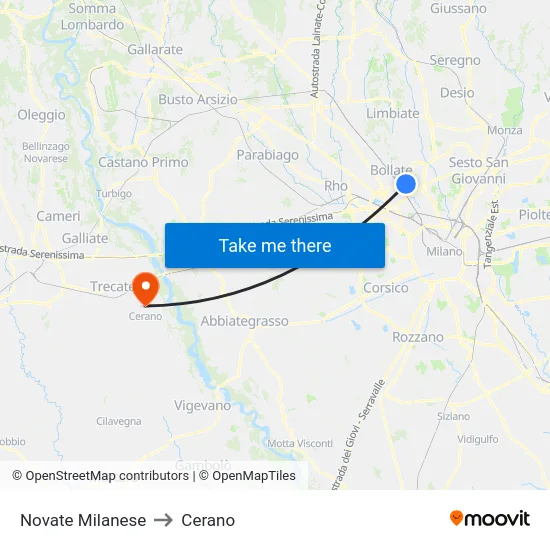 Novate Milanese to Cerano map