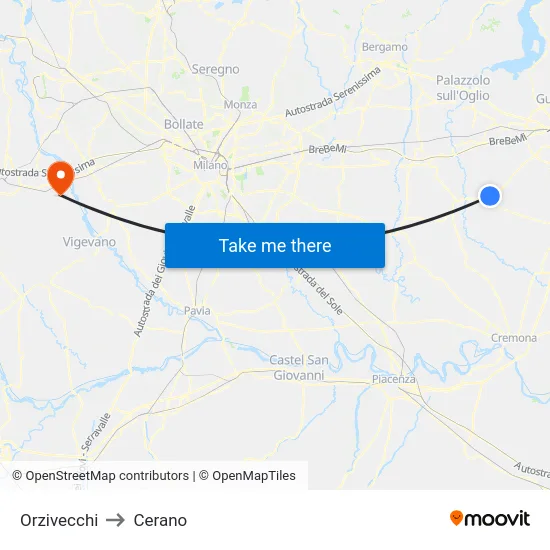 Orzivecchi to Cerano map