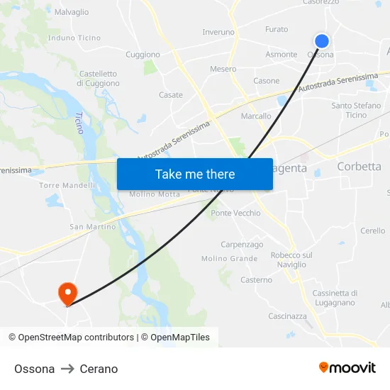 Ossona to Cerano map