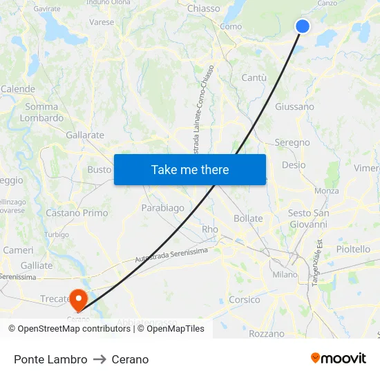 Ponte Lambro to Cerano map