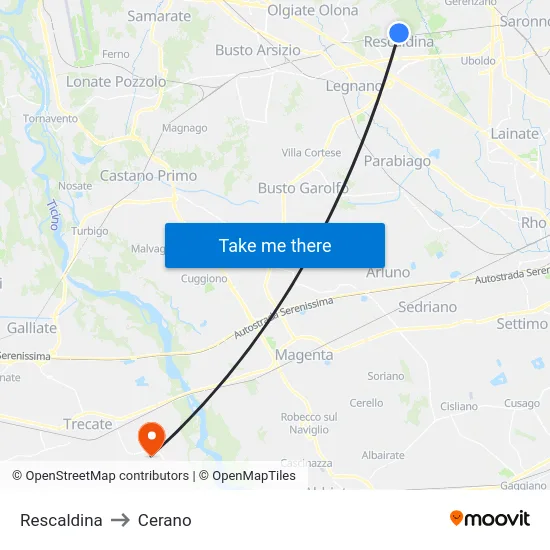 Rescaldina to Cerano map