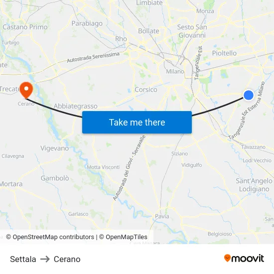Settala to Cerano map