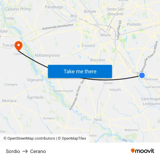 Sordio to Cerano map
