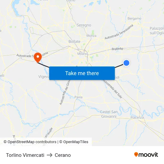 Torlino Vimercati to Cerano map