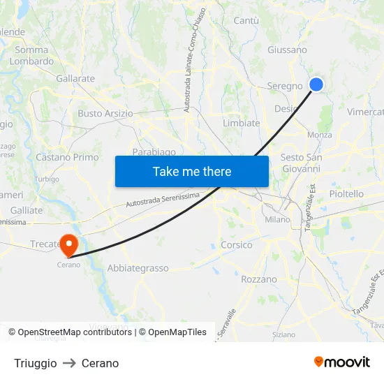 Triuggio to Cerano map