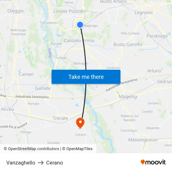 Vanzaghello to Cerano map