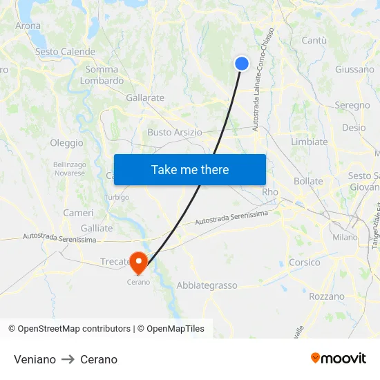 Veniano to Cerano map