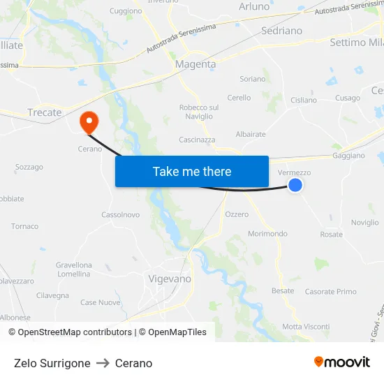 Zelo Surrigone to Cerano map
