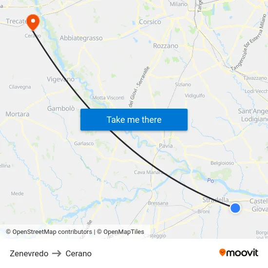 Zenevredo to Cerano map