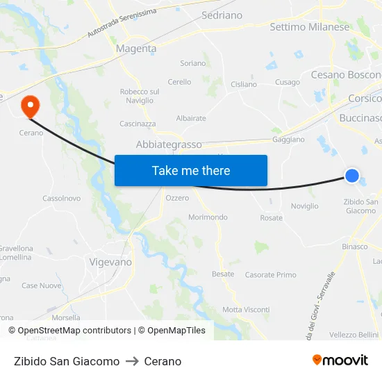Zibido San Giacomo to Cerano map