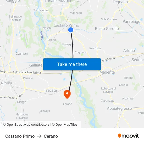 Castano Primo to Cerano map