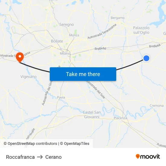 Roccafranca to Cerano map