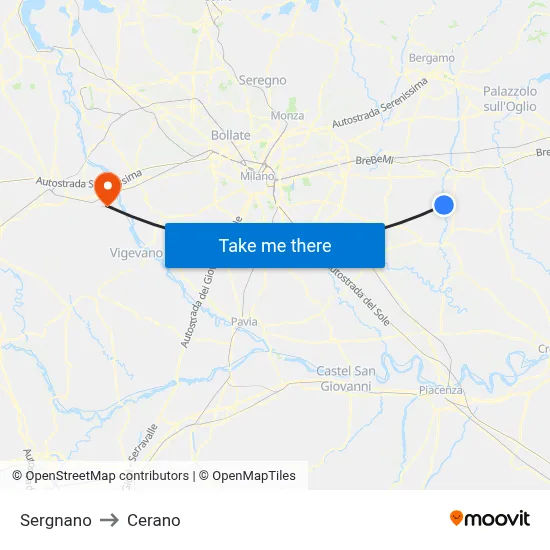 Sergnano to Cerano map
