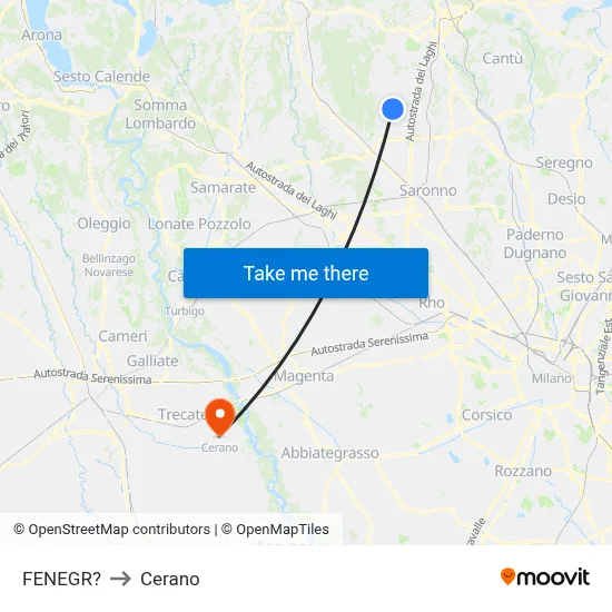 Fenegro to Cerano map