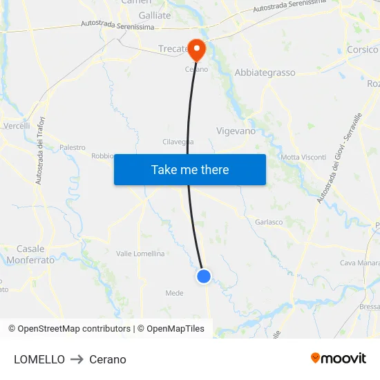 Lomello to Cerano map