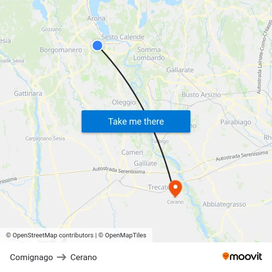Comignago to Cerano map