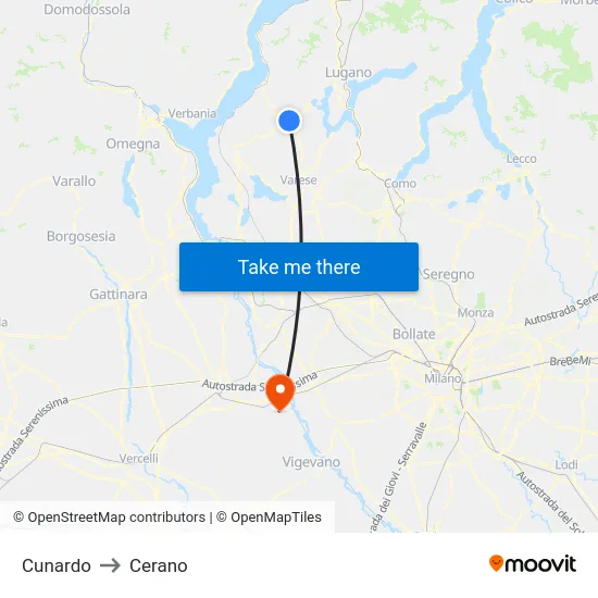 Cunardo to Cerano map