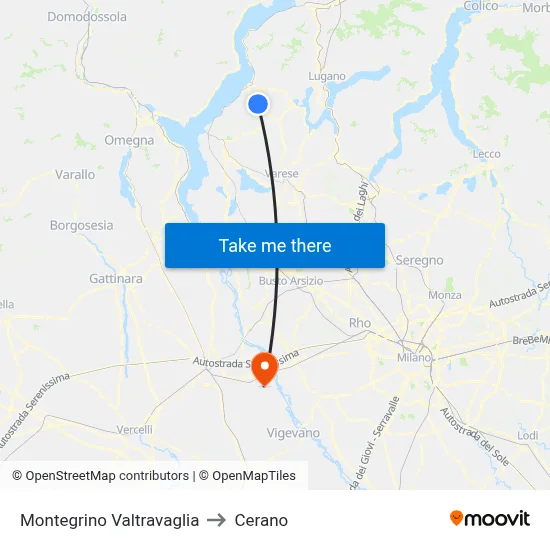 Montegrino Valtravaglia to Cerano map