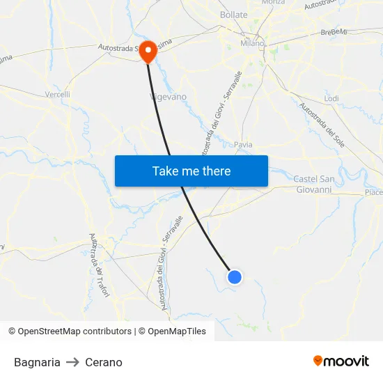 Bagnaria to Cerano map