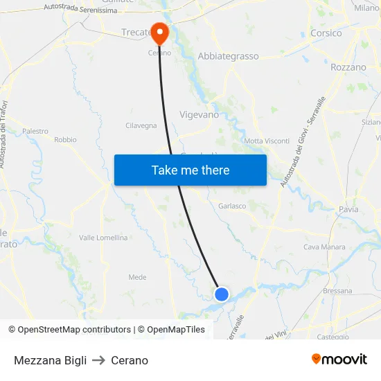 Mezzana Bigli to Cerano map