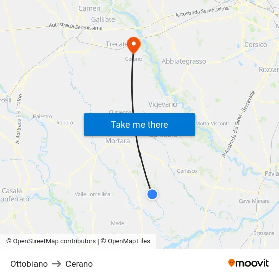 Ottobiano to Cerano map