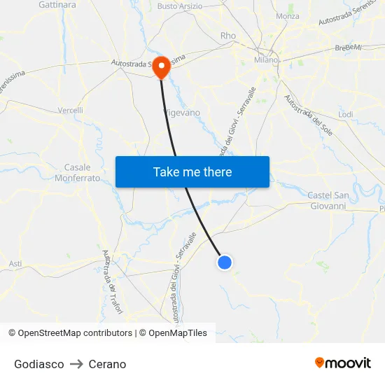 Godiasco to Cerano map