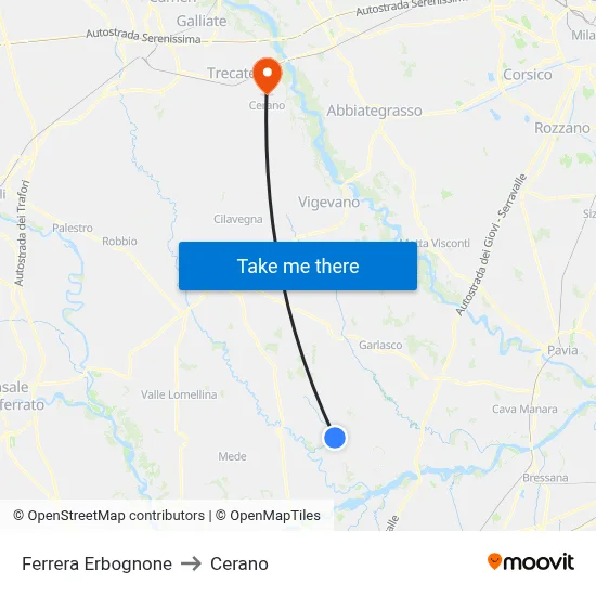 Ferrera Erbognone to Cerano map