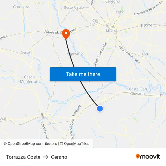 Torrazza Coste to Cerano map